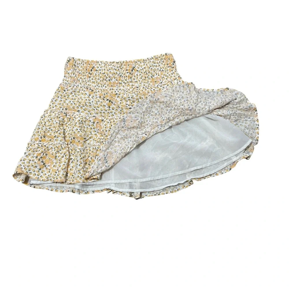American Eagle Outfitters Floral Smocked Tiered Mini Skirt Yellow White XS‎